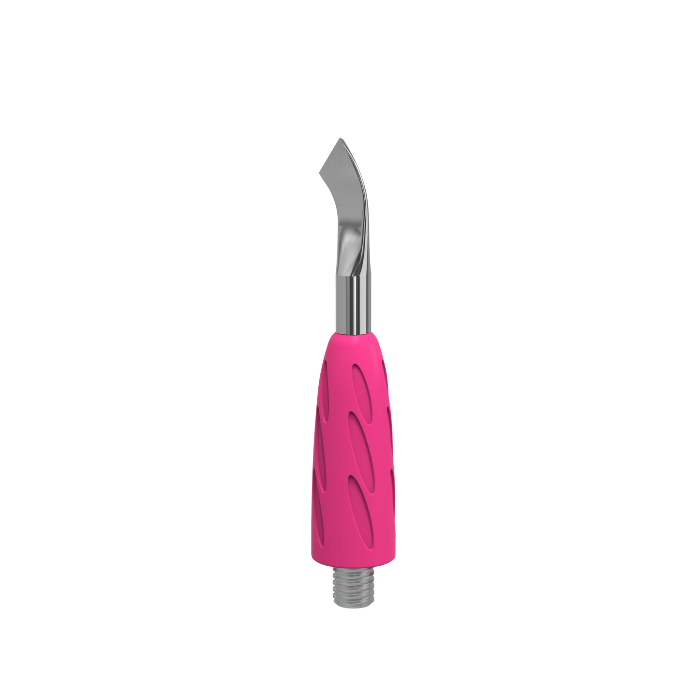 Vue 3/4 de l’embout UNIQ 14 : lame inclinée, prise silicone rose, base à vis pour HPQ-10/HPQ-10n.
