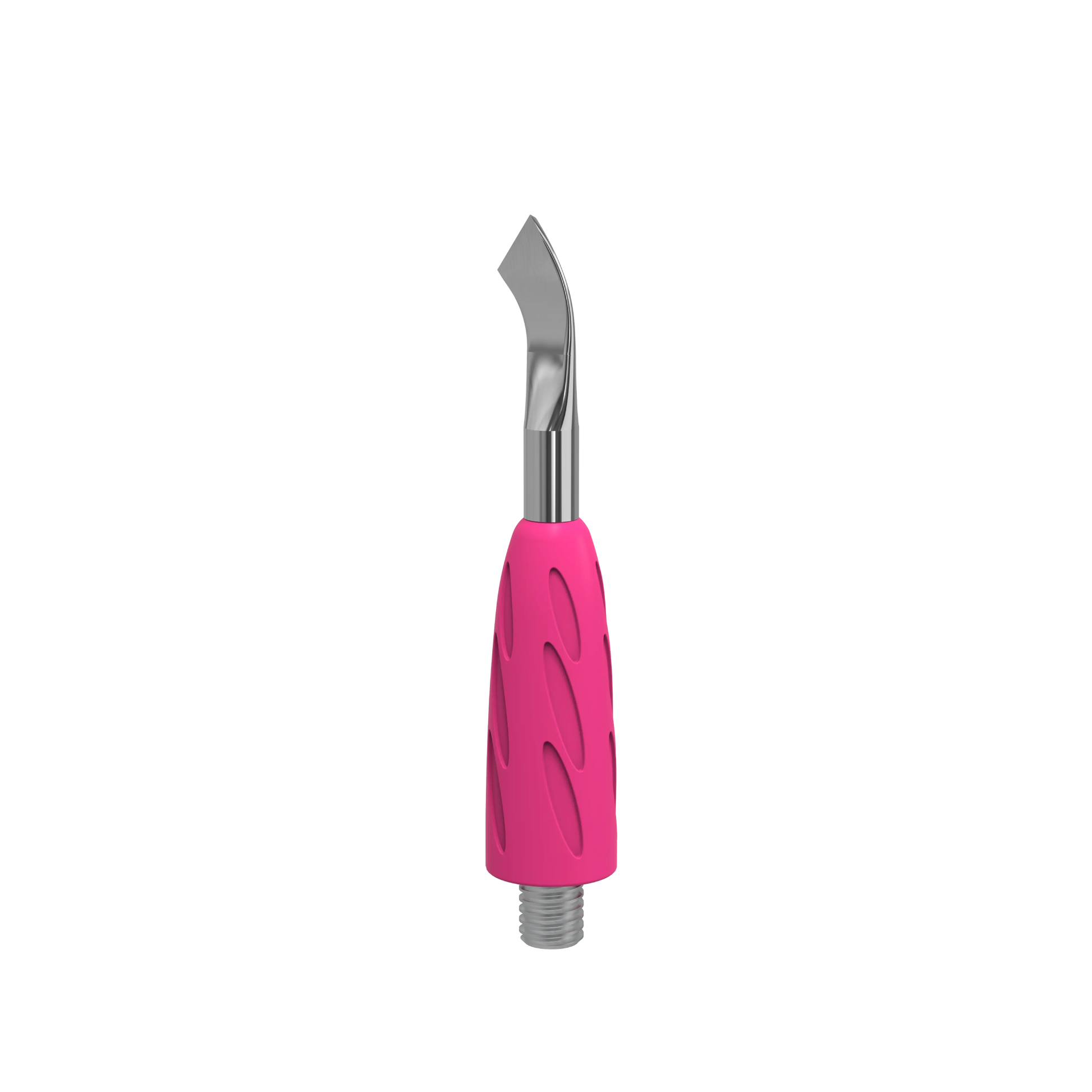 Vue 3/4 de l’embout UNIQ 14 : lame inclinée, prise silicone rose, base à vis pour HPQ-10/HPQ-10n.