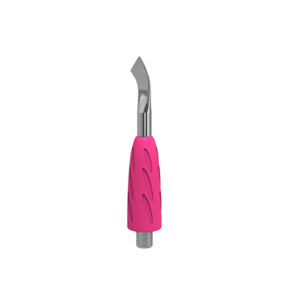 Vue 3/4 de l’embout UNIQ 14 : lame inclinée, prise silicone rose, base à vis pour HPQ-10/HPQ-10n.