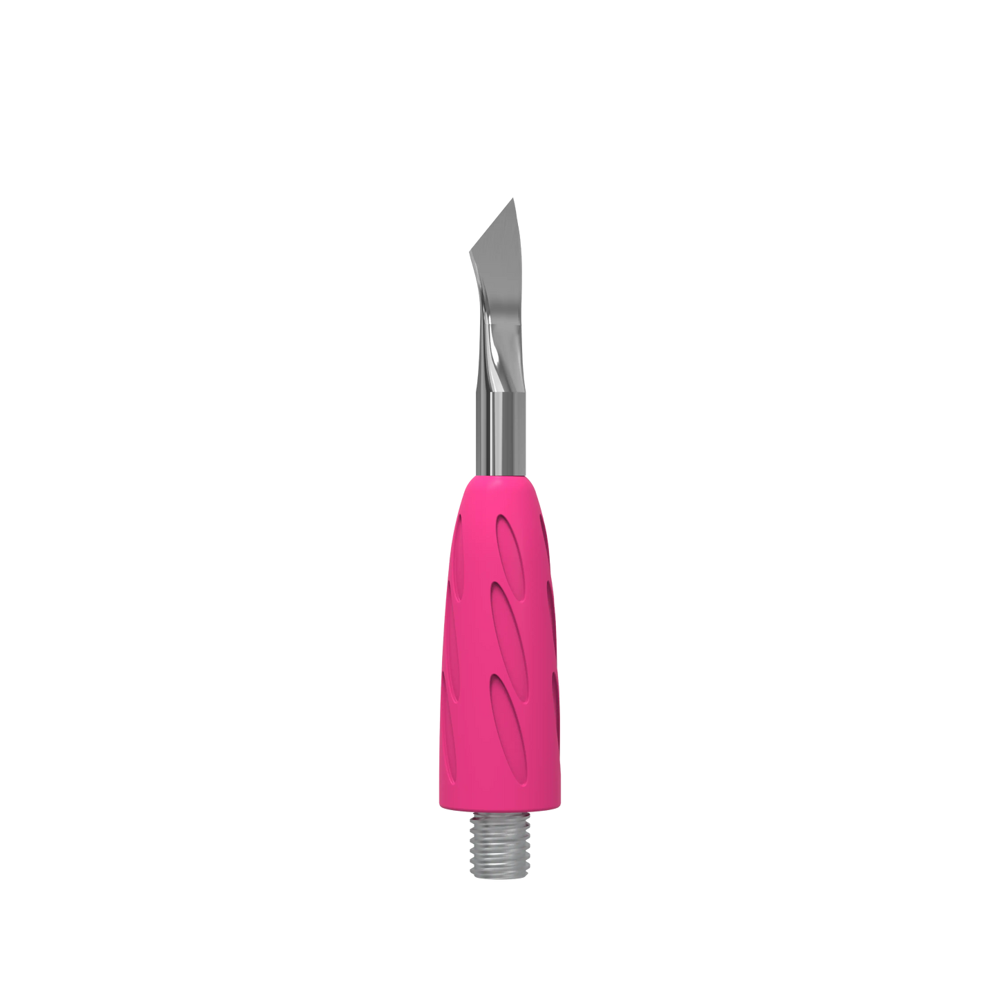 Vue 3/4 de l’embout UNIQ 14 : lame inclinée, prise silicone rose, base à vis pour HPQ-10/HPQ-10n.