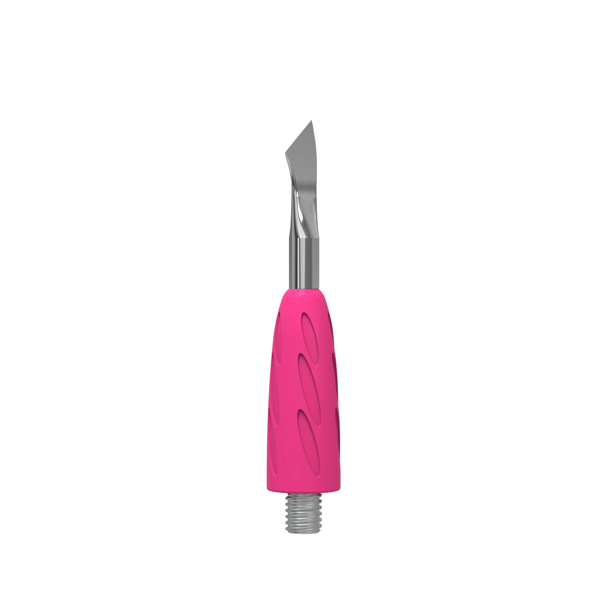 Vue 3/4 de l’embout UNIQ 14 : lame inclinée, prise silicone rose, base à vis pour HPQ-10/HPQ-10n.