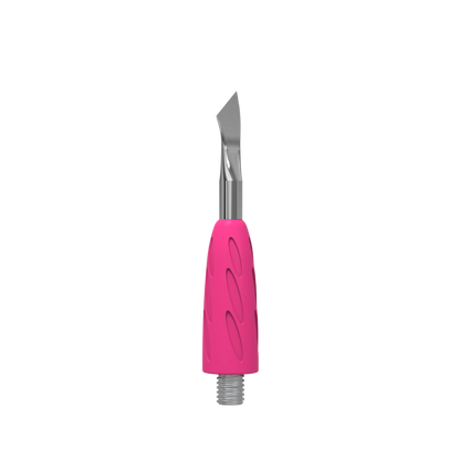 Vue 3/4 de l’embout UNIQ 14 : lame inclinée, prise silicone rose, base à vis pour HPQ-10/HPQ-10n.