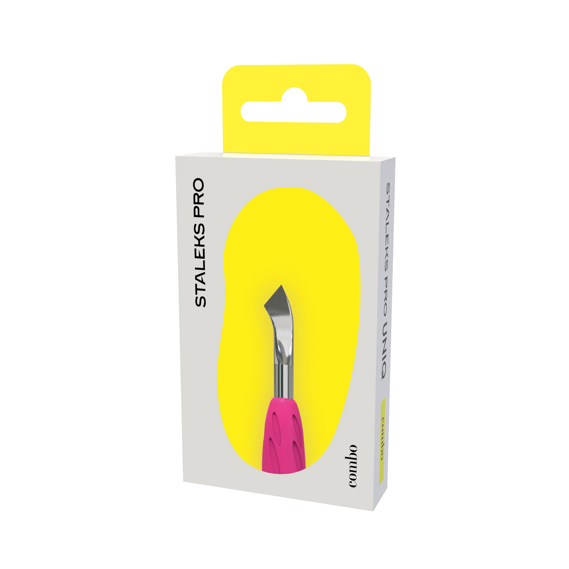 Boîte UNIQ Combo en 3/4 avec visuel de l’embout WPPQ-14 (lame inclinée) sur fond jaune.