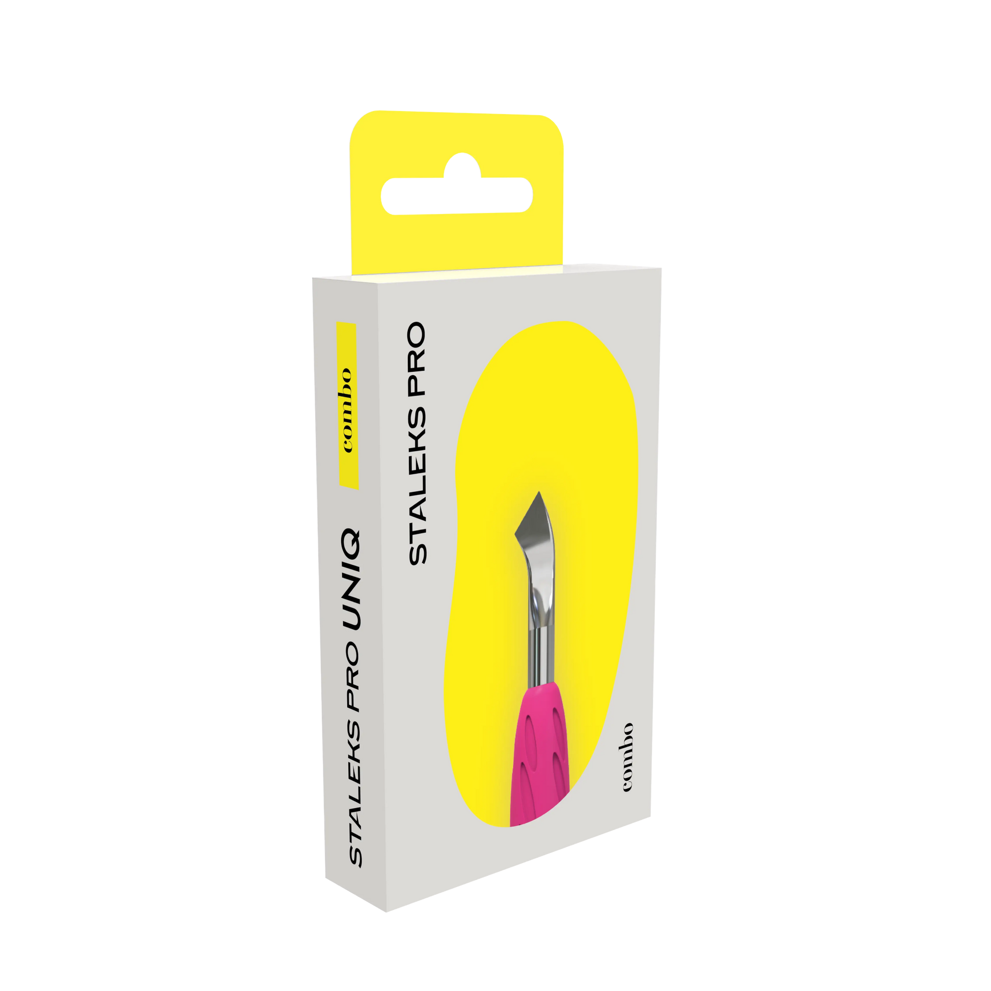 Packaging UNIQ Combo vue 3/4 droite, illustration de la lame inclinée WPPQ-14 et cartonnage jaune.
