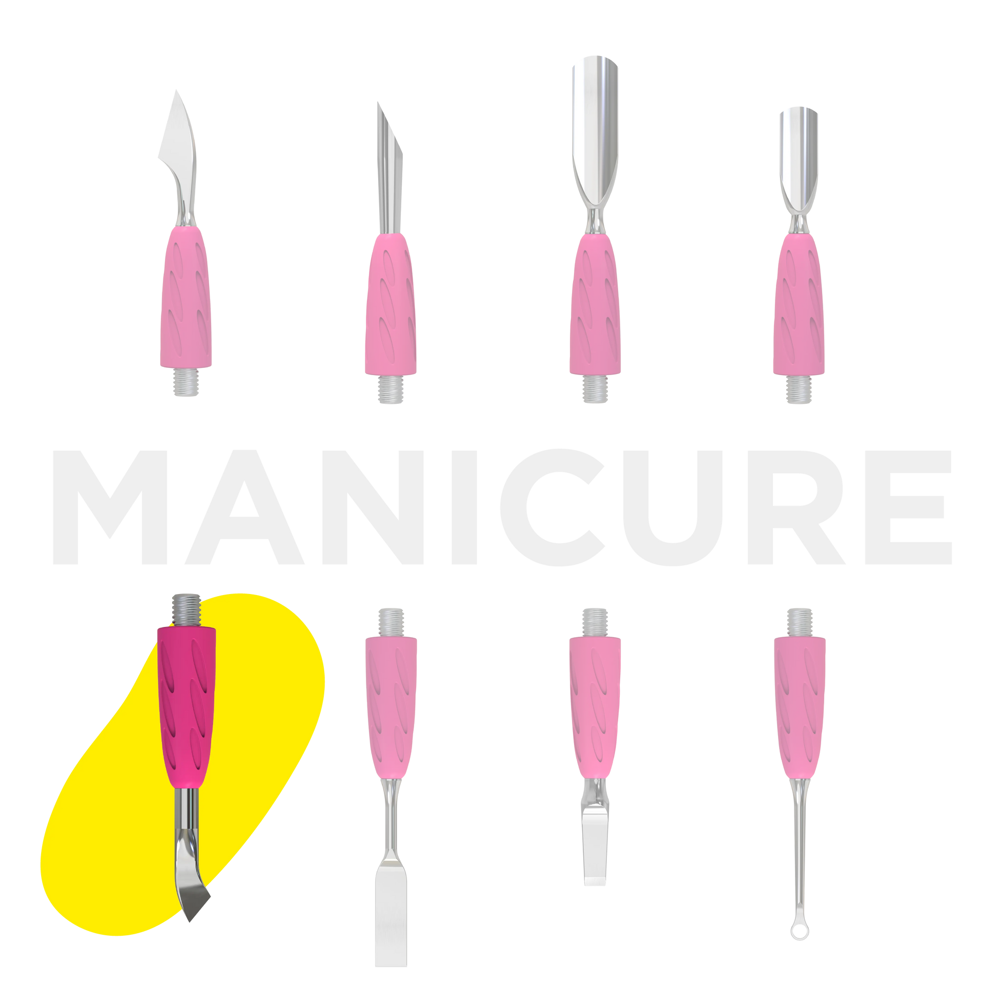 Visuel de gamme UNIQ Combo « MANICURE » avec les différents embouts, mise en évidence de la lame inclinée WPPQ-14.