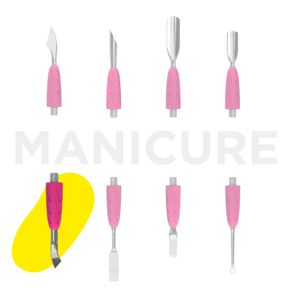 Visuel de gamme UNIQ Combo « MANICURE » avec les différents embouts, mise en évidence de la lame inclinée WPPQ-14.