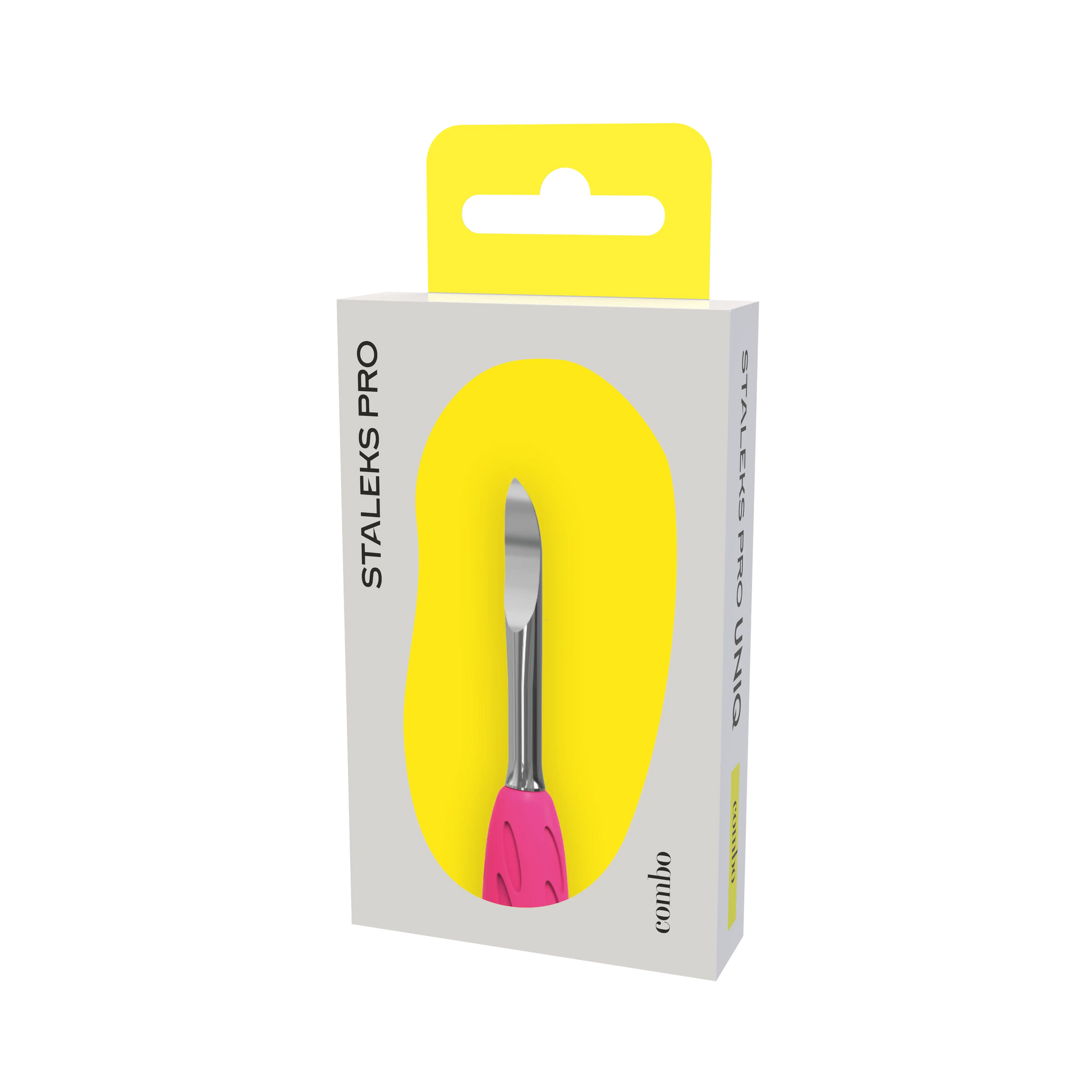 Boîte de l’embout « nail cleaner » UNIQ Combo WPPQ-19 Staleks Pro, vue 3/4 gauche, packaging carton gris avec insert jaune.