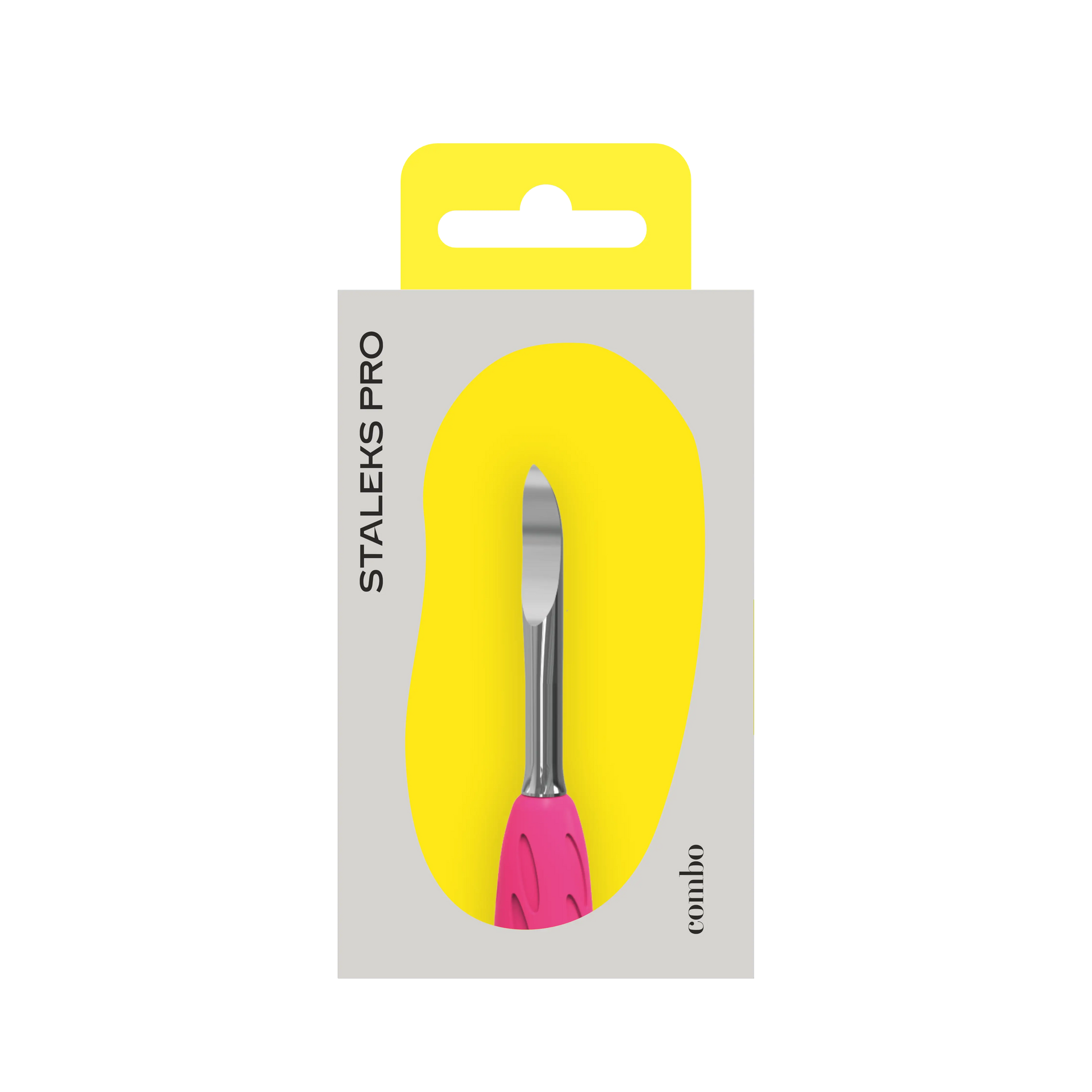 Boîte face avant de l’embout « nail cleaner » UNIQ Combo WPPQ-19 Staleks Pro, visuel produit sur fond jaune.