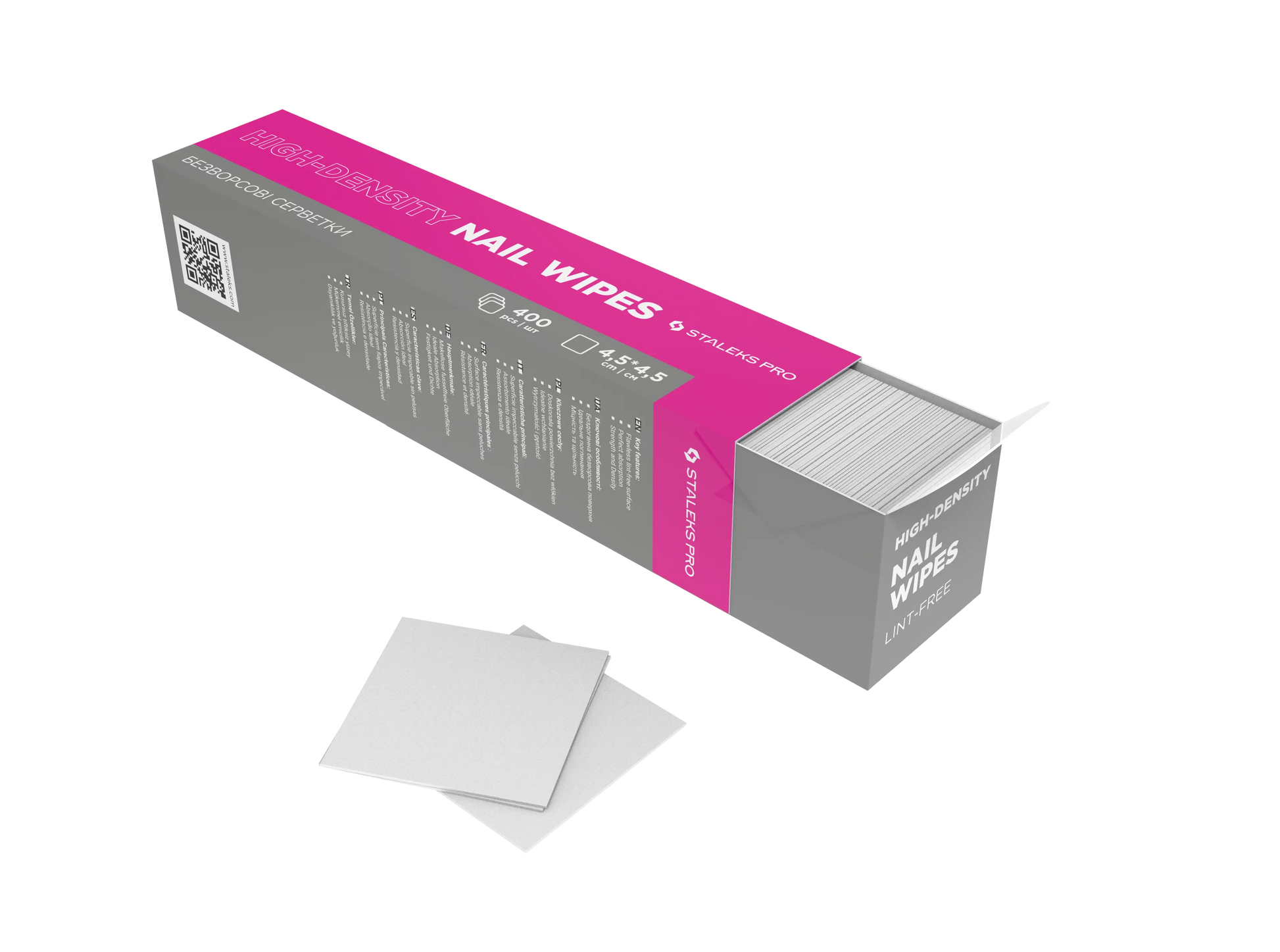 Boîte ouverte de lingettes non pelucheuses Staleks SMART avec carrés blancs 45 × 45 mm