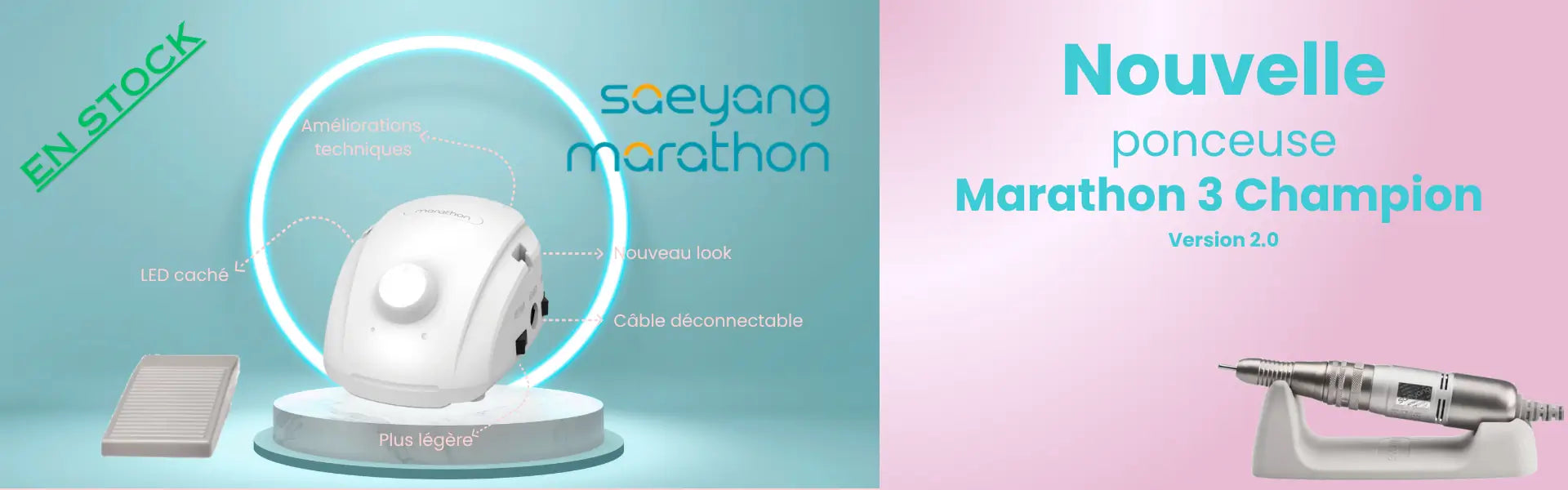 Nouvelle ponceuse ongulaire Saeyang Marathon 3 Champion v2 — base blanche plus légère avec LED cachée et câble déconnectable, pièce à main sur support.