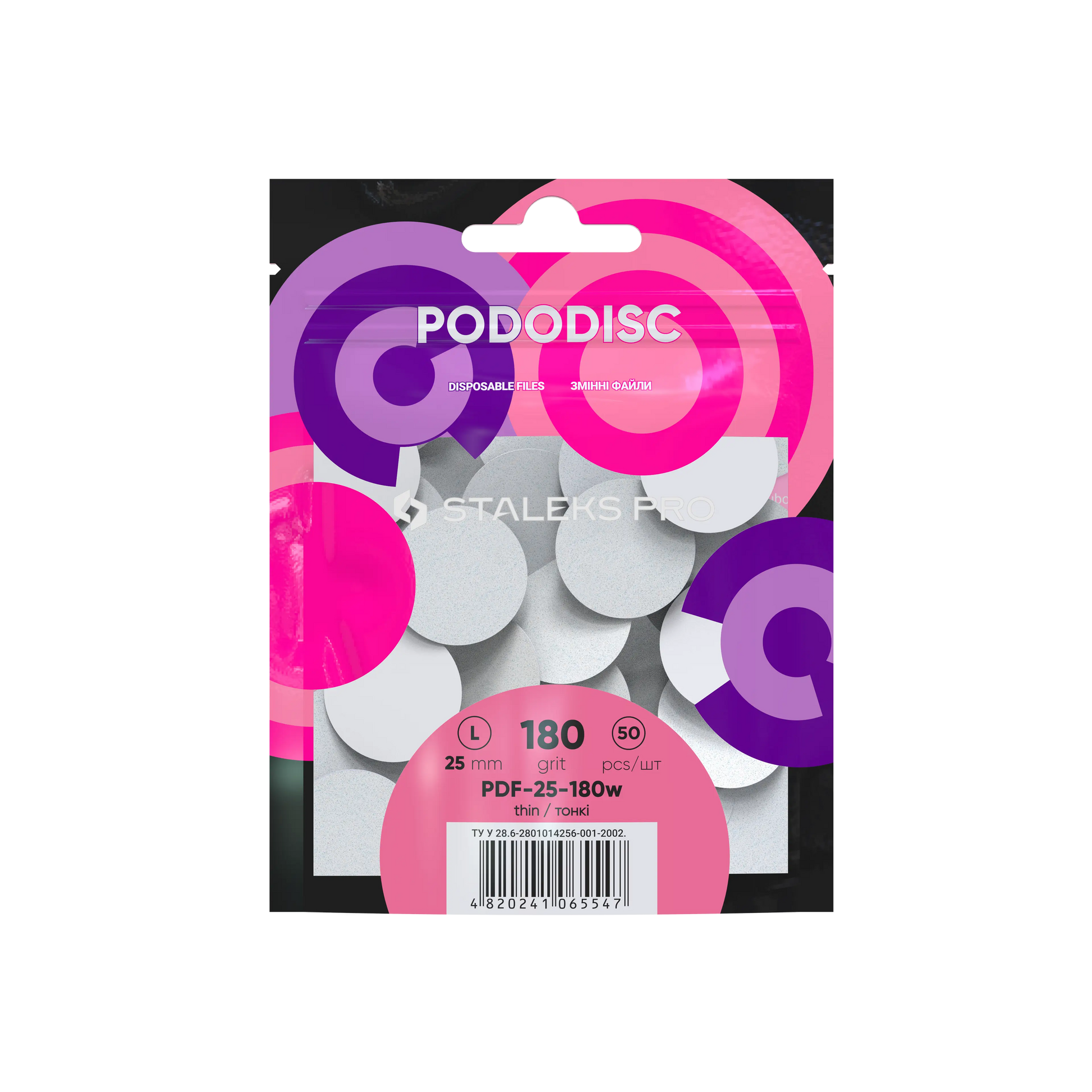 Sachet Staleks Pro de 50 recharges PODODISC L 25 mm grain 180 (Expert), packaging rose/violet.