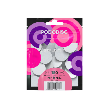 Sachet Staleks Pro de 50 recharges PODODISC L 25 mm grain 180 (Expert), packaging rose/violet.